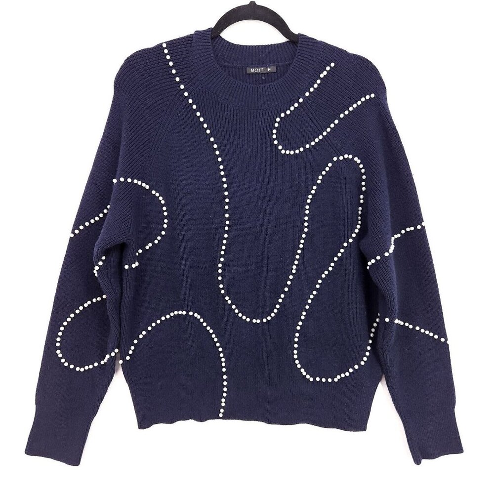 MOTF Pearl Sweater Wool Blend Womens Medium Blue Stretch Ribbed Knit Pullover